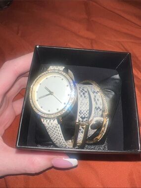 Gold-Trim White Snake-Texture Wrap Watch and Bracelet Set